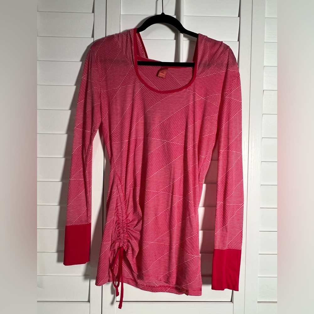 NWOT prAna Vinyasa Slub Cotton/Poly Hoodie, Women’s Large, Pink/White, Side Tie